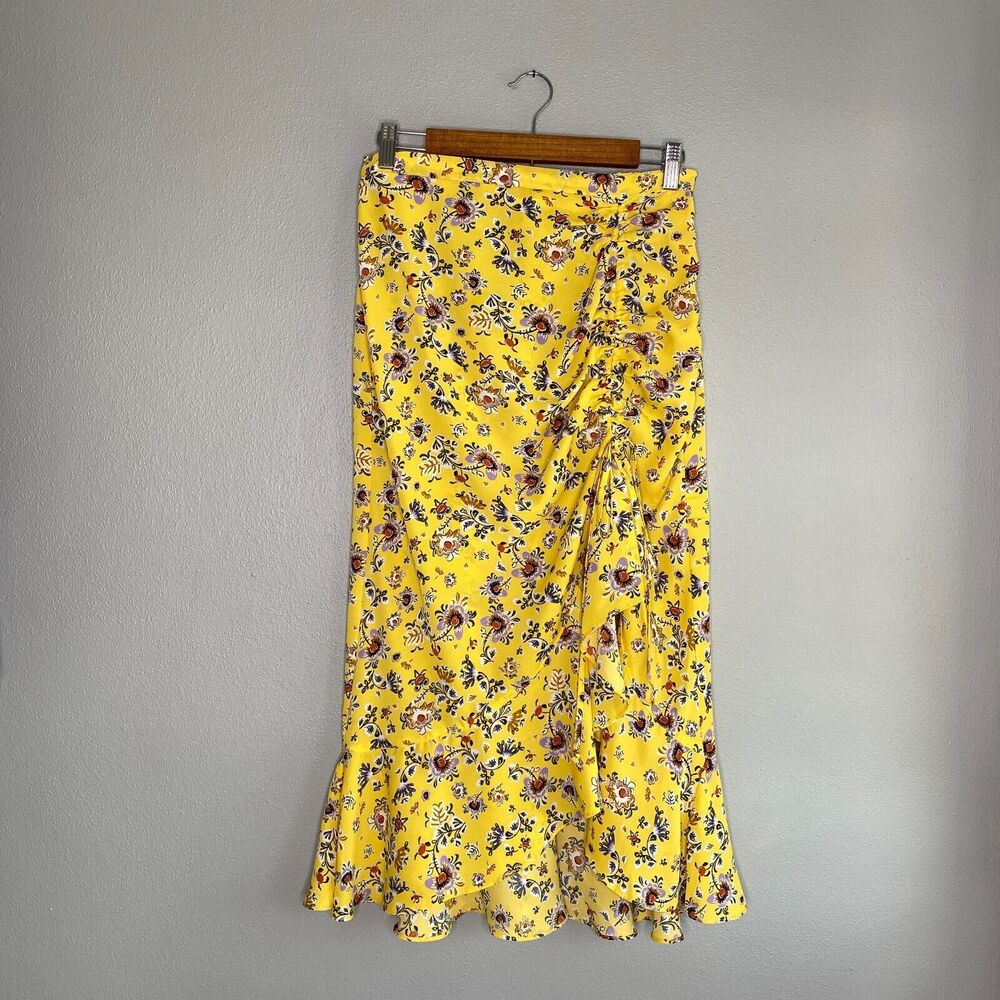Max Studio Women's M Cinch Front Midi Skirt Yellow Floral Ruffle Chiffon Ruched